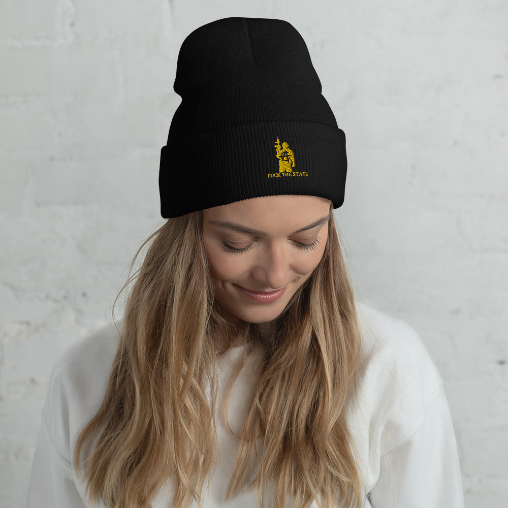 FUCK THE STATE Gold Beanie By @AncapAir
