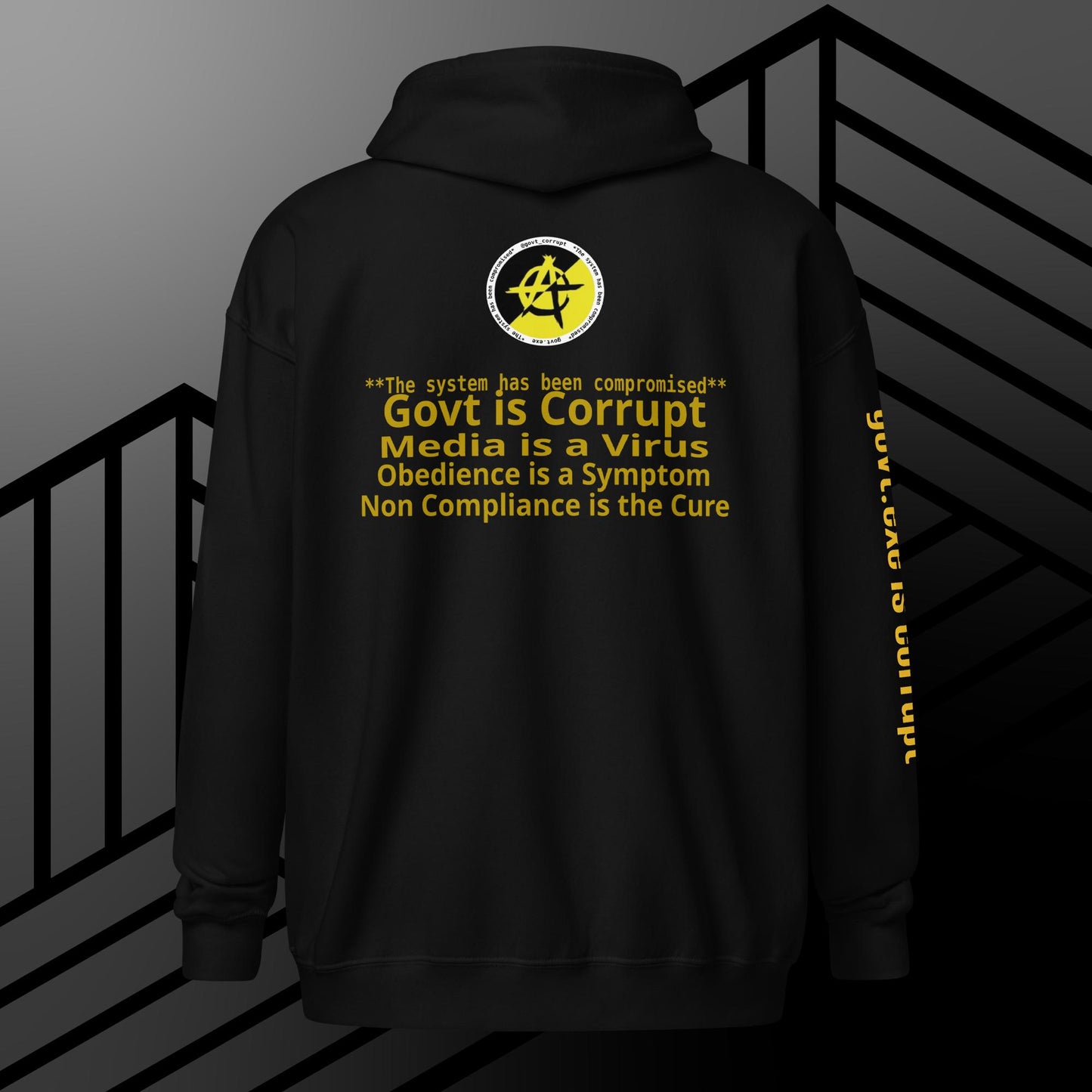 "govt.exe is corrupt" @govt_corrupt Embellished Logo Printed Heavy Blend Zip Hoodie