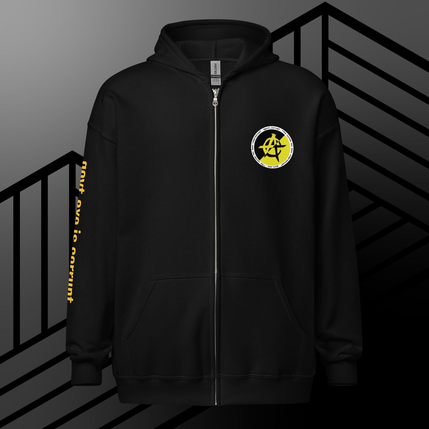 "govt.exe is corrupt" @govt_corrupt Embellished Logo Printed Heavy Blend Zip Hoodie