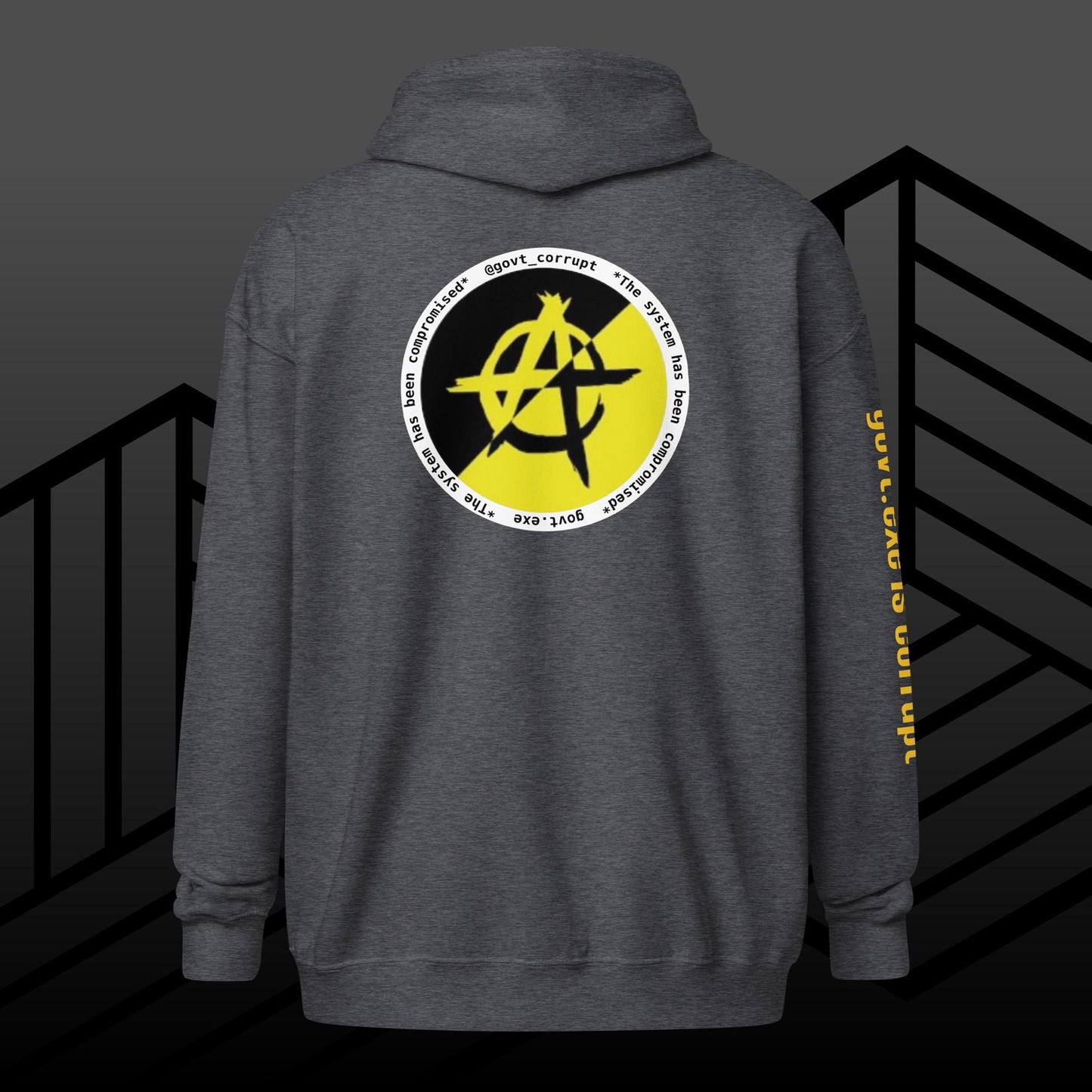 "govt.exe is corrupt" @govt_corrupt Large Embellished Back Patch Heavy Blend Zip Hoodie