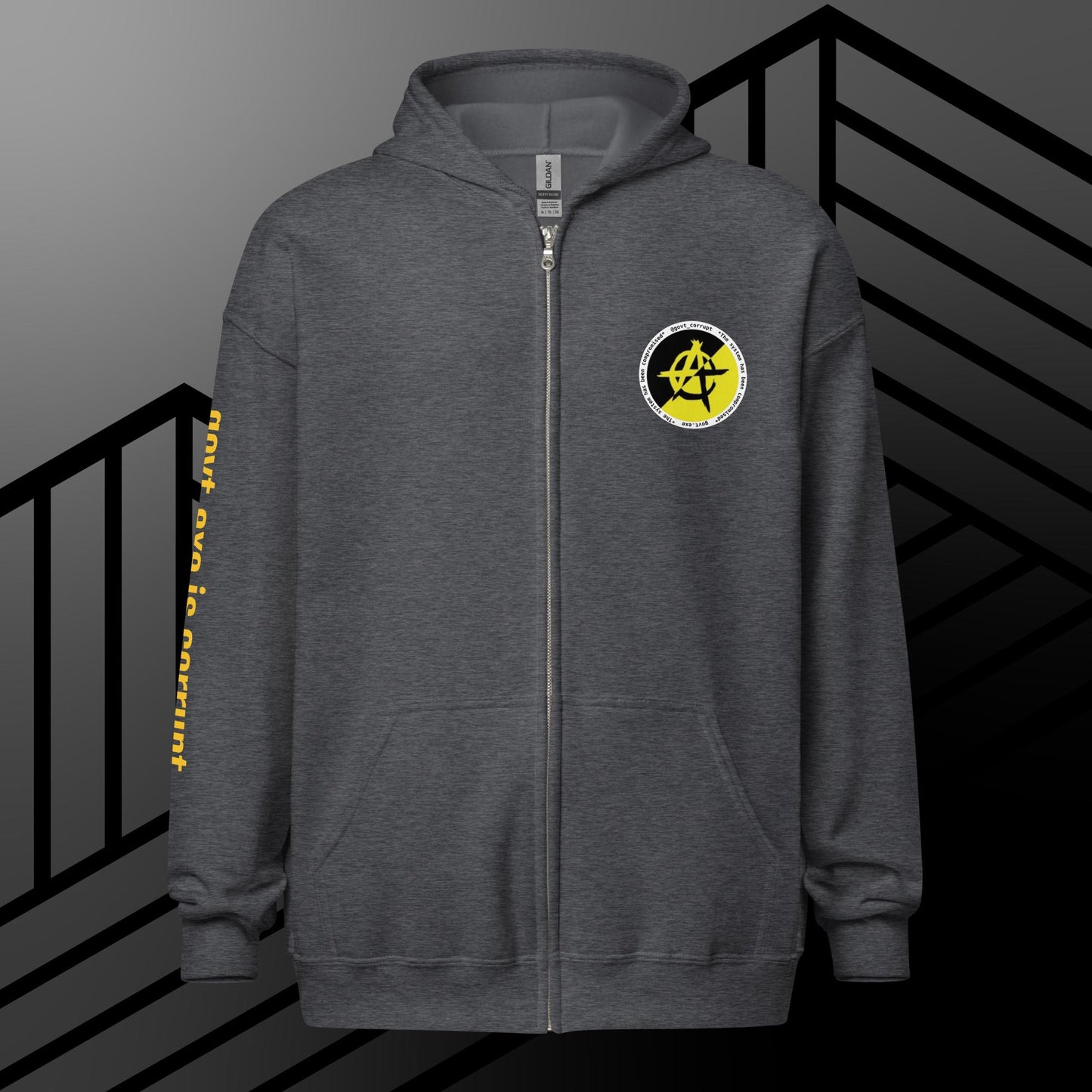 "govt.exe is corrupt" @govt_corrupt Embellished Logo Printed Heavy Blend Zip Hoodie