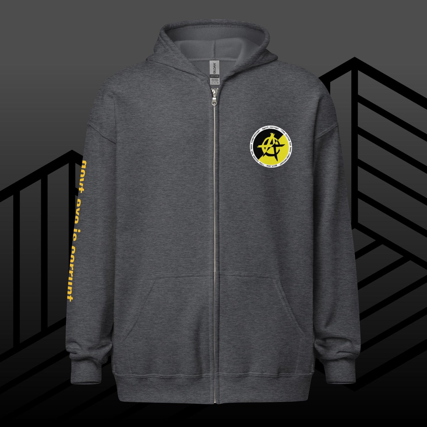 "govt.exe is corrupt" @govt_corrupt Large Embellished Back Patch Heavy Blend Zip Hoodie