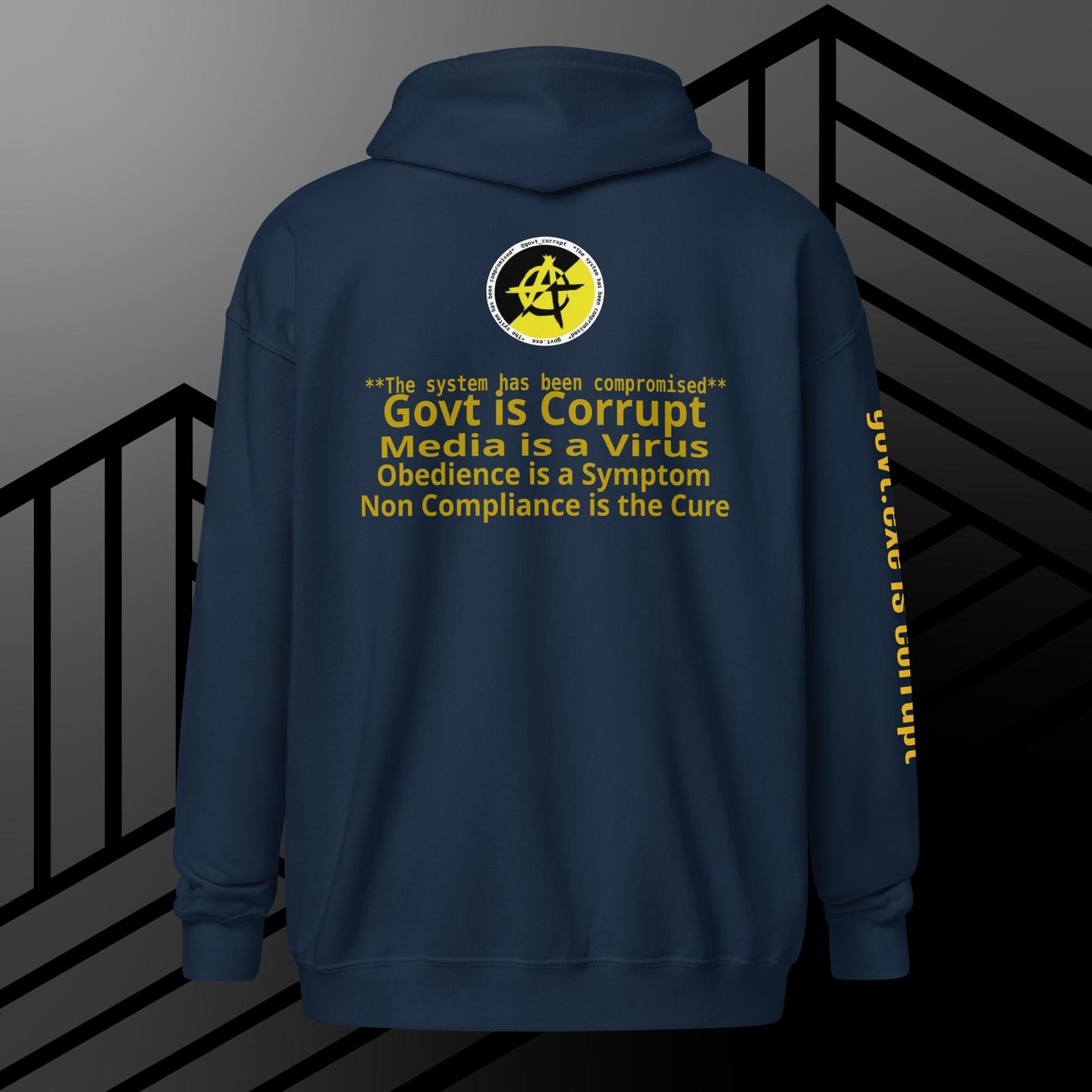 "govt.exe is corrupt" @govt_corrupt Embellished Logo Printed Heavy Blend Zip Hoodie