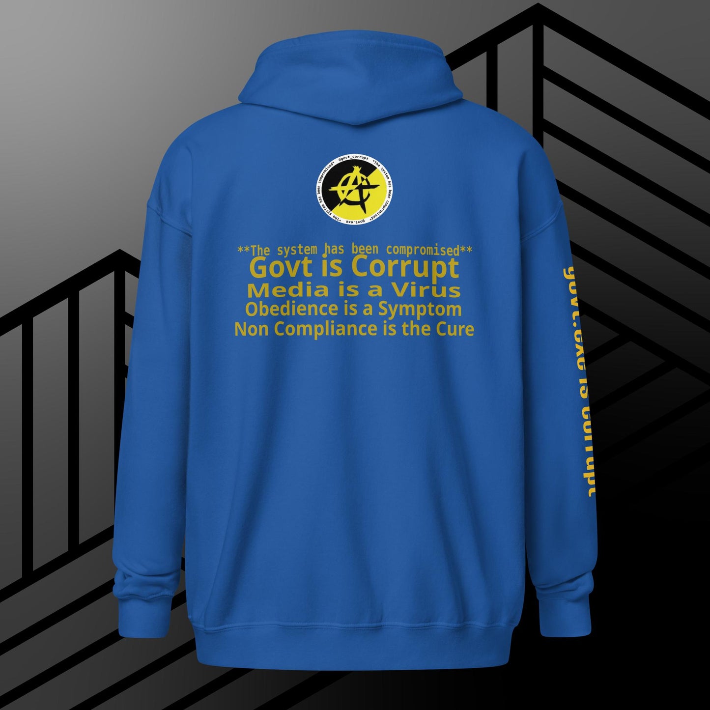 "govt.exe is corrupt" @govt_corrupt Embellished Logo Printed Heavy Blend Zip Hoodie