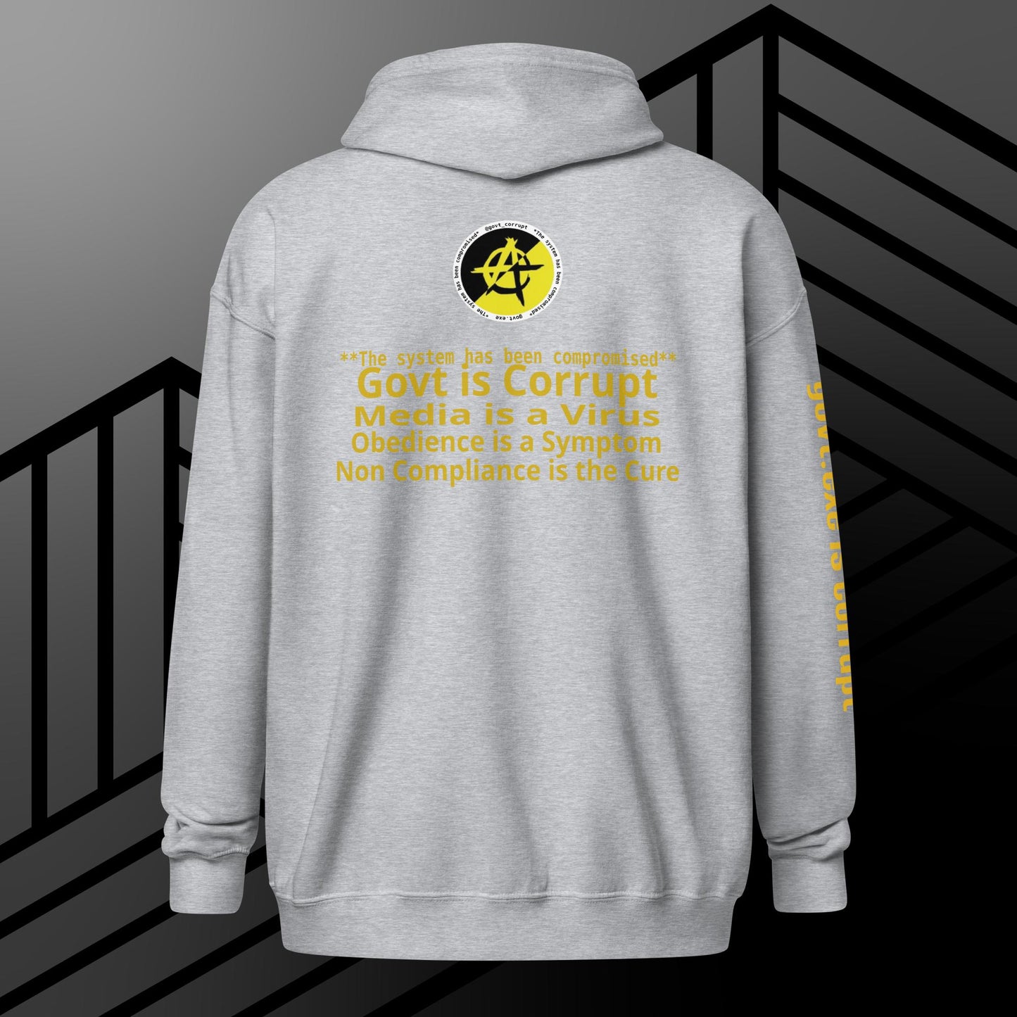 "govt.exe is corrupt" @govt_corrupt Embellished Logo Printed Heavy Blend Zip Hoodie