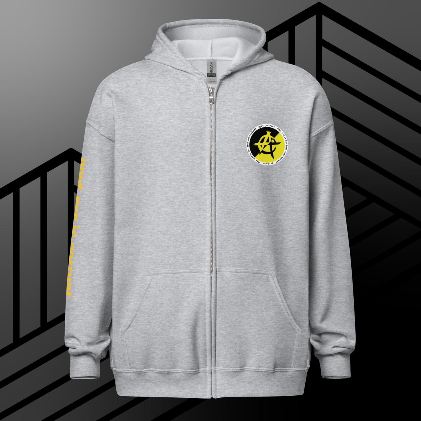 "govt.exe is corrupt" @govt_corrupt Embellished Logo Printed Heavy Blend Zip Hoodie