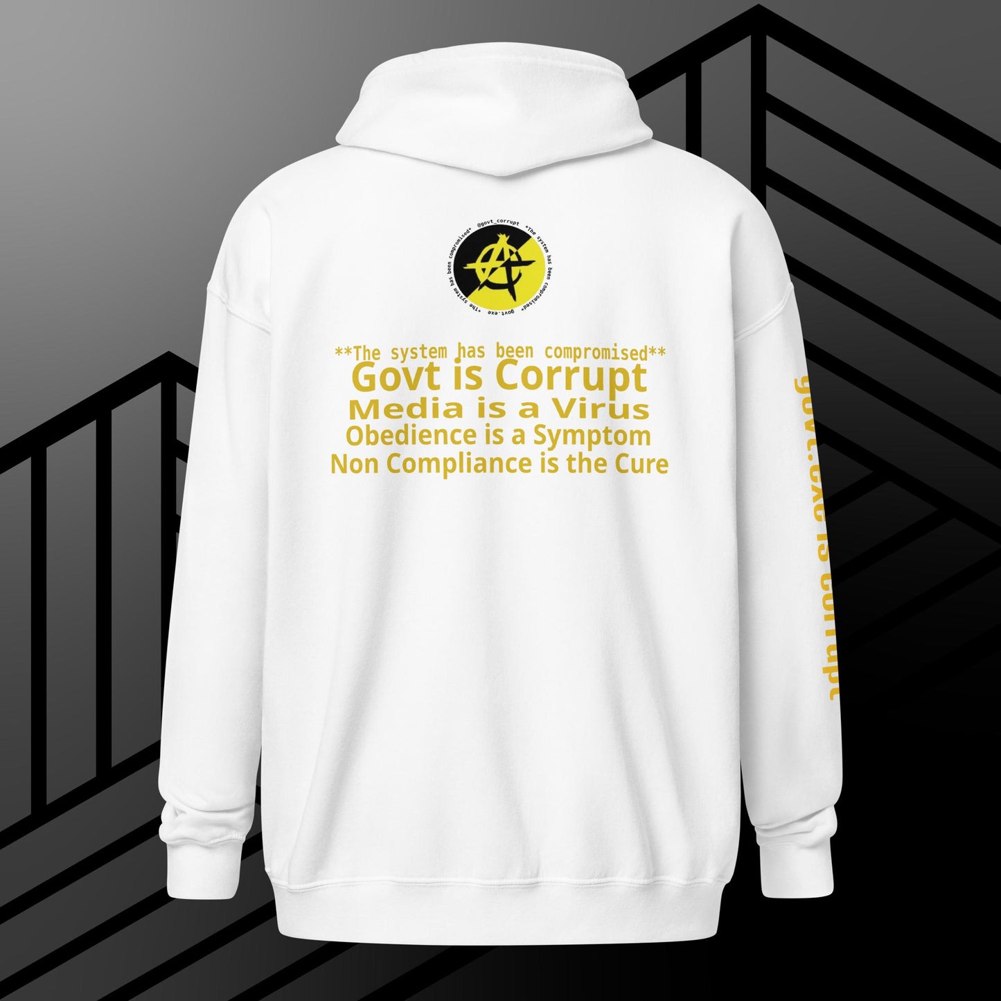 "govt.exe is corrupt" @govt_corrupt Embellished Logo Printed Heavy Blend Zip Hoodie
