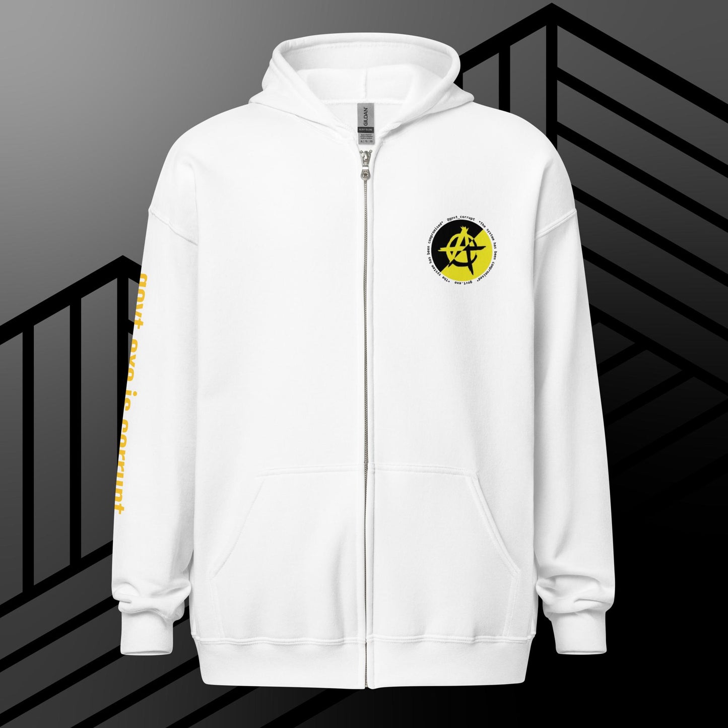 "govt.exe is corrupt" @govt_corrupt Embellished Logo Printed Heavy Blend Zip Hoodie
