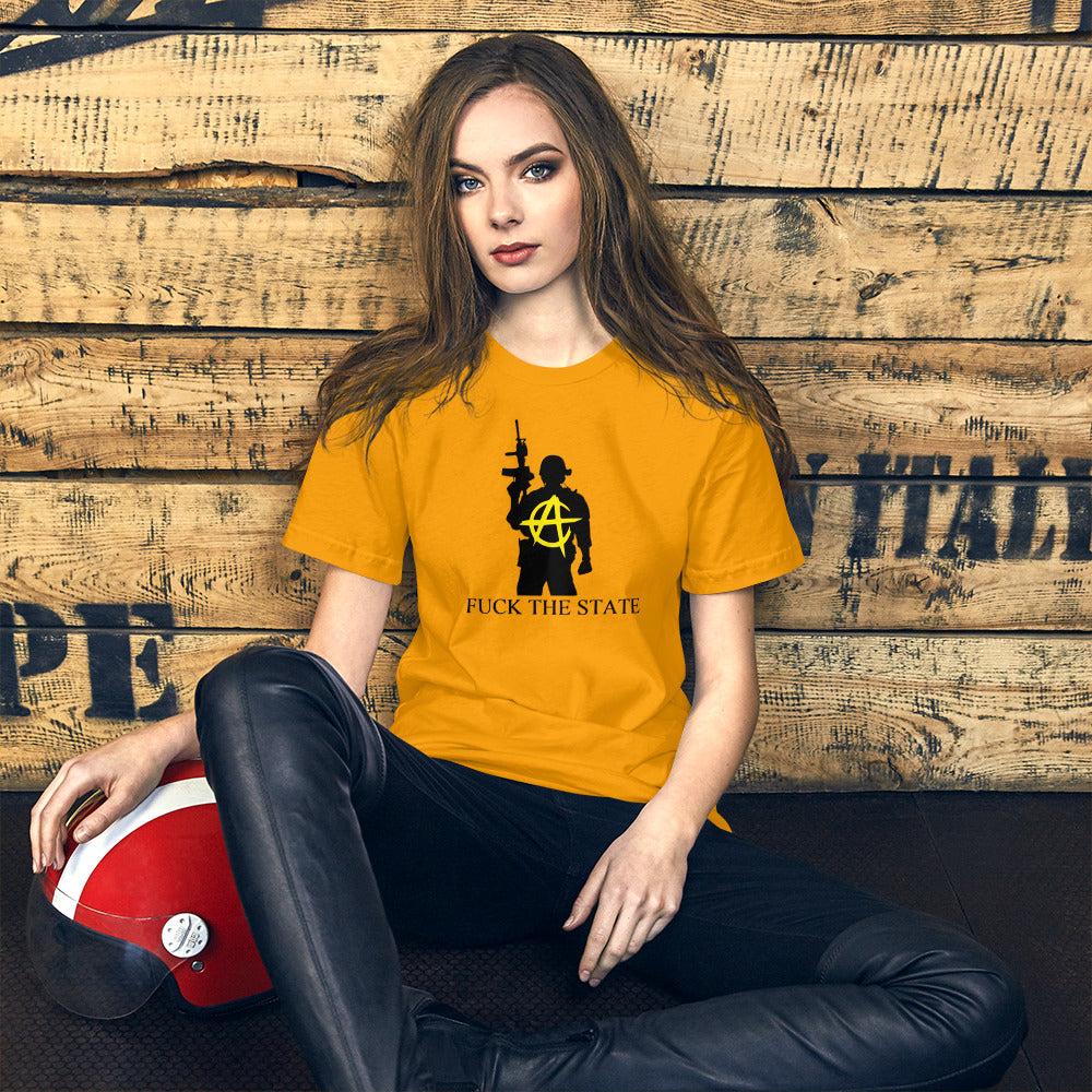 "Fuck The State" Gold On Pastels By @AncapAir Unisex t-shirt