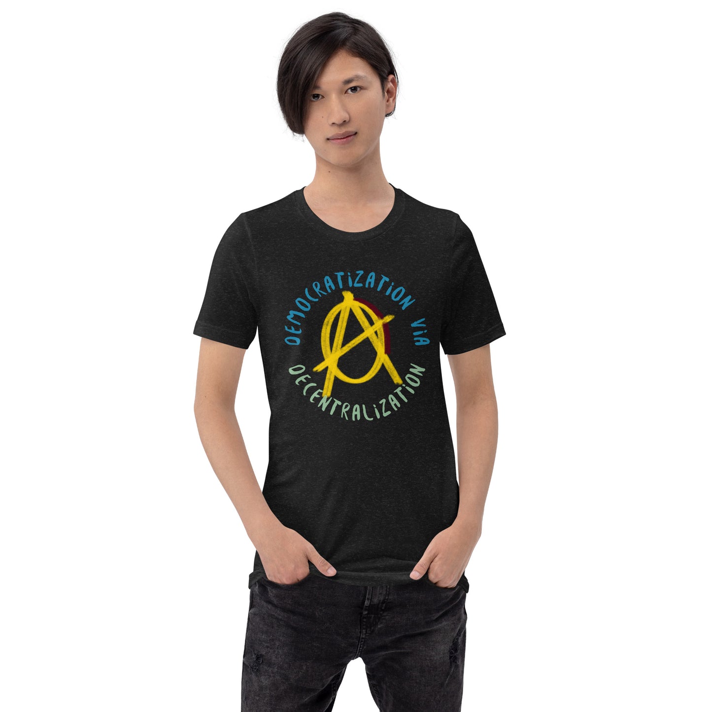 Anarchy Wear Gold "Democratization Via Decentralization" Unisex t-shirt